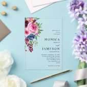 Heet Roze & Navy Blauw Bloemen Bruiloft 3 Acryl Uitnodigingen (Insitu (Huwelijk))