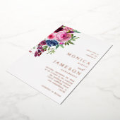 Heet Roze & Navy Blauw Bloemen Bruiloft 3 Folie Uitnodiging (Gedraaid)