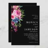 Heet Roze & Navy Blauw Bloemen Bruiloft Uitnodigin Kaart