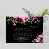 Heet Roze & Navy Blauw Bloemen Bruiloft Zwart Folie Uitnodiging (Staand Voorkant)