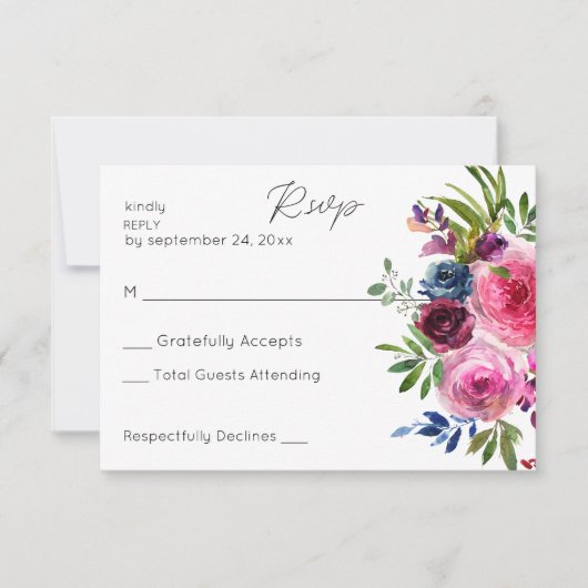 Heet Roze & Navy Blauw Bloemen geen Maaltijd RSVP Kaartje (Voorkant)