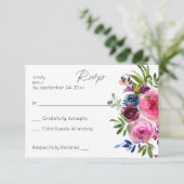 Heet Roze & Navy Blauw Bloemen geen Maaltijd RSVP Kaartje (Staand voorkant)