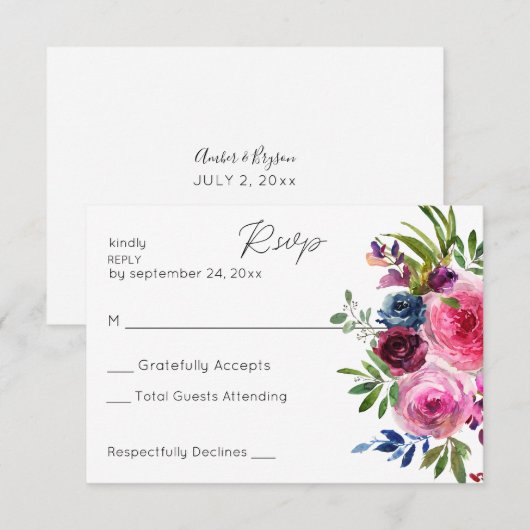 Heet Roze & Navy Blauw Bloemen geen Maaltijd RSVP Kaartje (Voorkant / Achterkant)