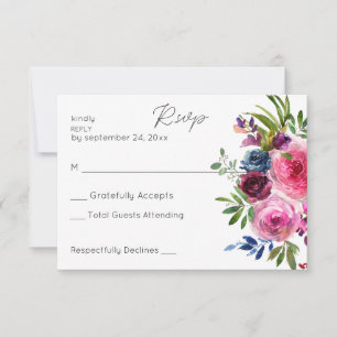 Heet Roze & Navy Blauw Bloemen geen Maaltijd RSVP Kaartje
