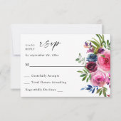 Heet Roze & Navy Blauw Bloemen geen Maaltijd V3 RSVP Kaartje (Voorkant)