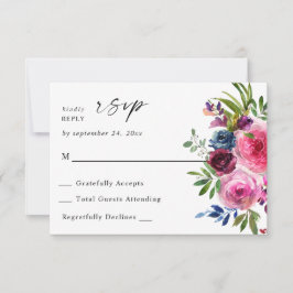 Heet Roze & Navy Blauw Bloemen geen Maaltijd V3 RSVP Kaartje