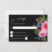 Heet Roze & Navy Blauw Bloemen geen Maaltijd V3 Zw RSVP Kaartje (Voorkant)