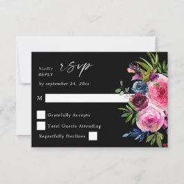 Heet Roze & Navy Blauw Bloemen geen Maaltijd V3 Zw RSVP Kaartje