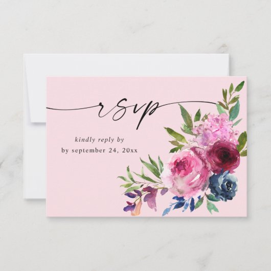 Heet Roze & Navy Blauw Bloemen met Maaltijd V3 Roz RSVP Kaartje (Voorkant)