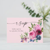 Heet Roze & Navy Blauw Bloemen met Maaltijd V3 Roz RSVP Kaartje (Staand voorkant)