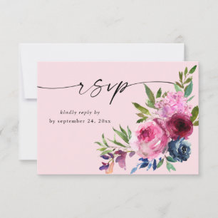 Heet Roze & Navy Blauw Bloemen met Maaltijd V3 Roz RSVP Kaartje
