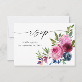 Heet Roze & Navy Blauw Bloemen met Maaltijd V3 RSVP Kaartje