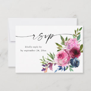 Heet Roze & Navy Blauw Bloemen met Maaltijd V3 RSVP Kaartje