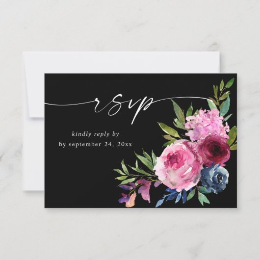 Heet Roze & Navy Blauw Bloemen met Maaltijd V3 Zwa RSVP Kaartje (Voorkant)