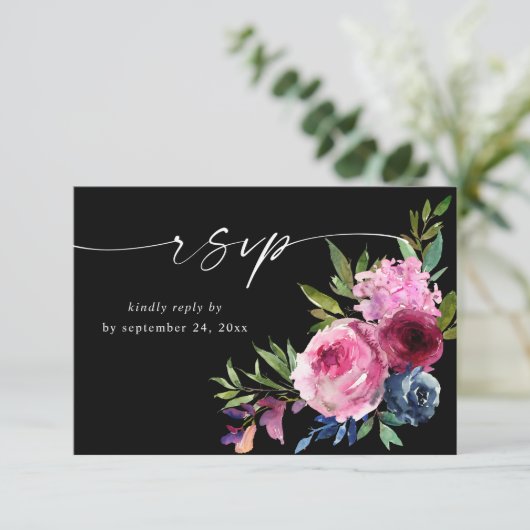 Heet Roze & Navy Blauw Bloemen met Maaltijd V3 Zwa RSVP Kaartje (Staand voorkant)