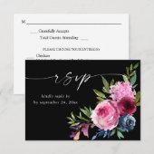 Heet Roze & Navy Blauw Bloemen met Maaltijd V3 Zwa RSVP Kaartje (Voorkant / Achterkant)