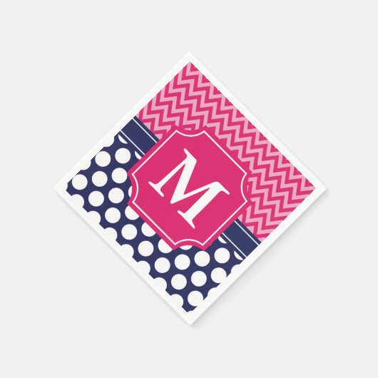 Heet Roze & Navy Chevron Zigzag Polka Dots Monogra Servetten (Hoek)