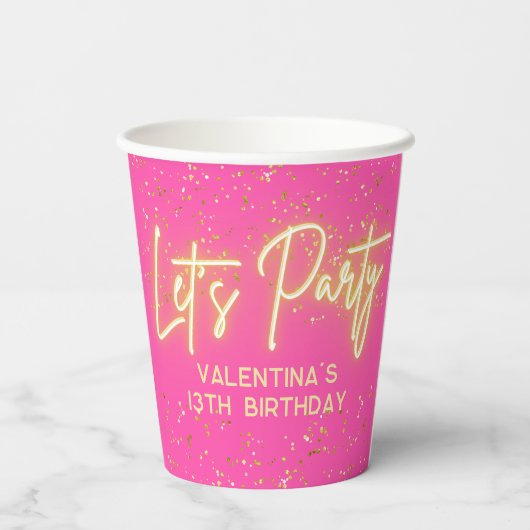 Heet roze neon gloeien Laten we feest glitter verj Papieren Bekers (Achterkant)