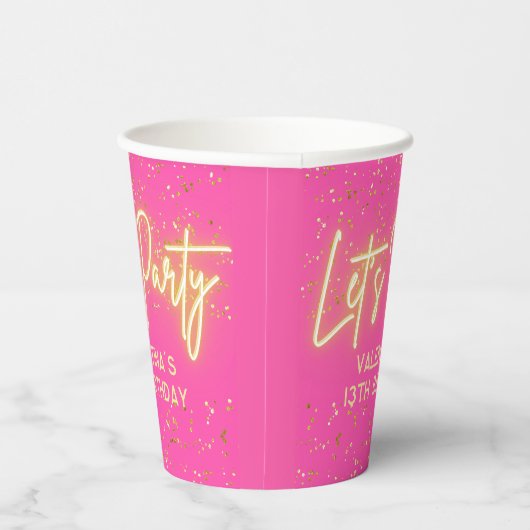 Heet roze neon gloeien Laten we feest glitter verj Papieren Bekers (Rechts)