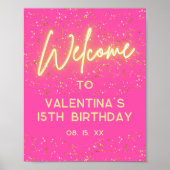 Heet Roze Neon Glow Goud Glitter Party Welkom Poster (Voorkant)