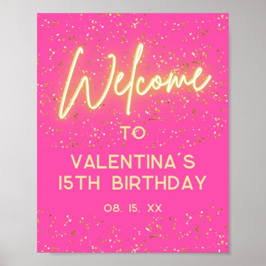 Heet Roze Neon Glow Goud Glitter Party Welkom Poster (Voorkant)
