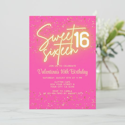 Heet Roze Neon Glow Goud Glitter Sweet 16 Verjaard Kaart (Staand voorkant)