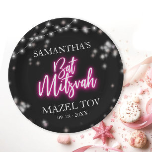 Heet roze neon-thema Bat Mitzvah Papieren Bordje