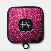 Heet roze nepschitterende glinsterende monogram pannenlap (Voorkant)