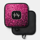 Heet roze nepschitterende glinsterende monogram pannenlap (Voorkant / Achterkant)