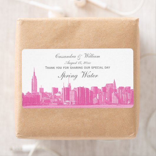 Heet Roze NYC Brede Skyline geëtste waterfles Etiket (Insitu)