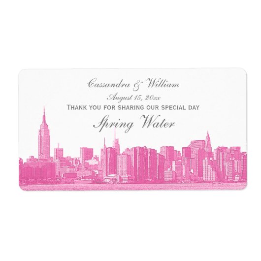 Heet Roze NYC Brede Skyline geëtste waterfles Etiket (Voorkant)