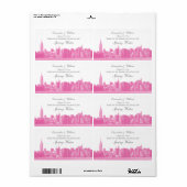 Heet Roze NYC Brede Skyline geëtste waterfles Etiket (Full Sheet)