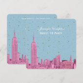 Heet Roze NYC Skyline Ets Blauw Sterrenstelsel SQ  Kaart (Voorkant / Achterkant)