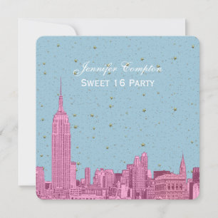 Heet Roze NYC Skyline Ets Blauw Sterrenstelsel SQ  Kaart