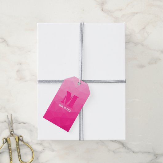 Heet roze ombre geometrisch mesh patroon Monogram Cadeaulabel (Met Touw)