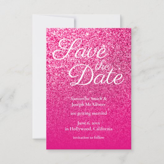 Heet Roze Ombre Glitter Bewaar de Datum Kaart (Voorkant)
