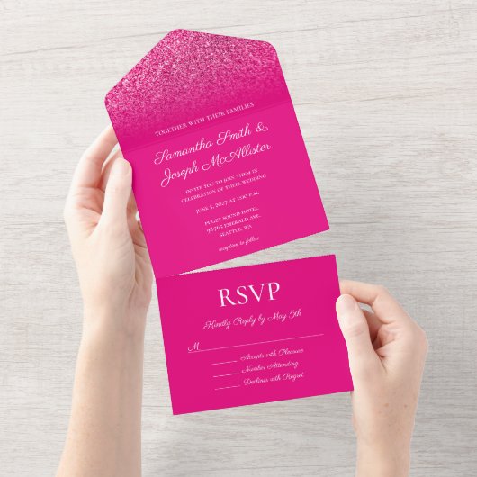 Heet Roze Ombre Glitter Bruiloft All In One Uitnodiging (Afscheurbaar)
