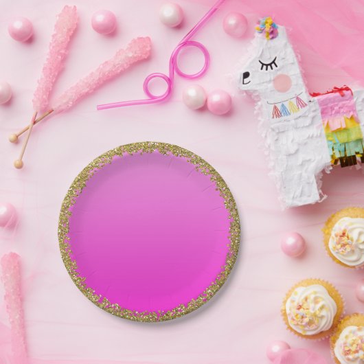 Heet Roze Ondergedompeld Glitter Glam Sparkle Part Papieren Bordje (Feest)