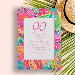 Heet Roze Oranje Aquarel Bloemen 90ste Verjaardag Kaart