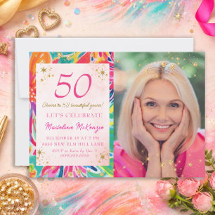 Heet Roze Oranje Bloemen Gouden Glitters Foto 50e Kaart