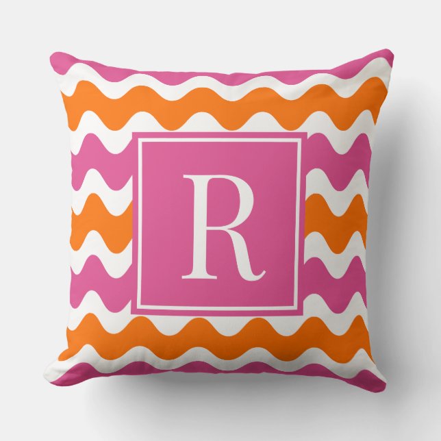Heet Roze & Oranje Preppy Ric Rac Streep Monogram  Kussen (Voorkant)