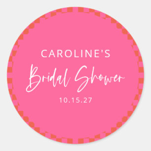 Heet Roze Oranje Retro Dambord Bruiloft Feest Ronde Sticker