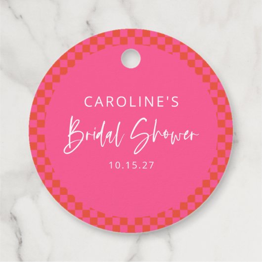 Heet roze oranje retro dambord bruiloftsborrel bedankjes labels (Achterkant)