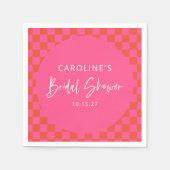 Heet roze oranje retro dambord bruiloftsborrel servet (Voorkant)