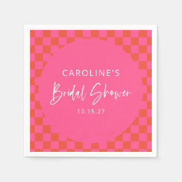 Heet roze oranje retro dambord bruiloftsborrel servet