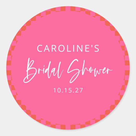 Heet roze oranje retro dambord bruiloftsfeest ronde sticker (Voorkant)