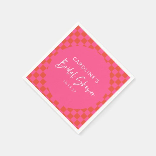 Heet roze oranje retro dambord bruiloftsfeest servet (Hoek)