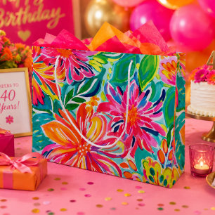 Heet roze oranje tropische aquarel bloemen groot cadeauzakje