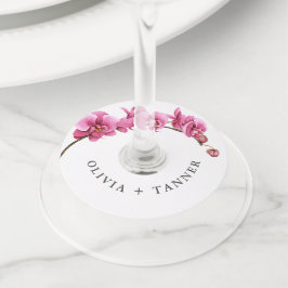 Heet Roze Orchideeën Tropische Bloemen Bruiloft Wijnglaslabel
