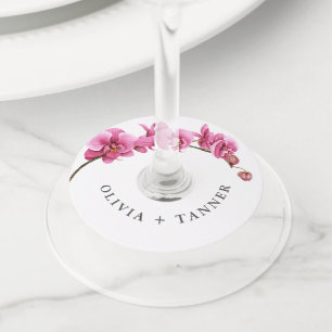 Heet Roze Orchideeën Tropische Bloemen Bruiloft Wijnglaslabel